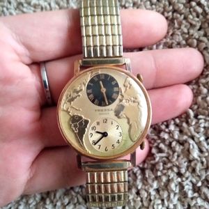 RARE VINTAGE 1970'S Tressa World Globe dual time zone Watch 10k GOLD Band